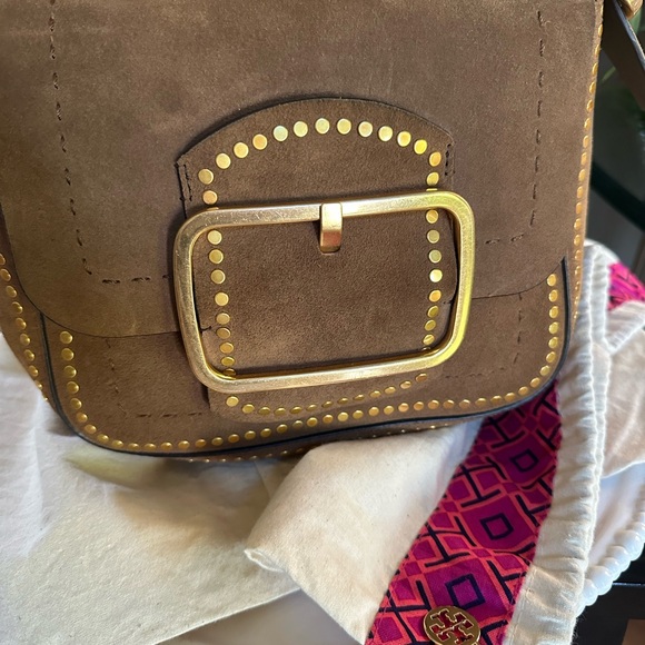 Tory Burch Sawyer Stud Suede Shoulder Bag with Gold Accents with Dust Bag EUC - Picture 1 of 16